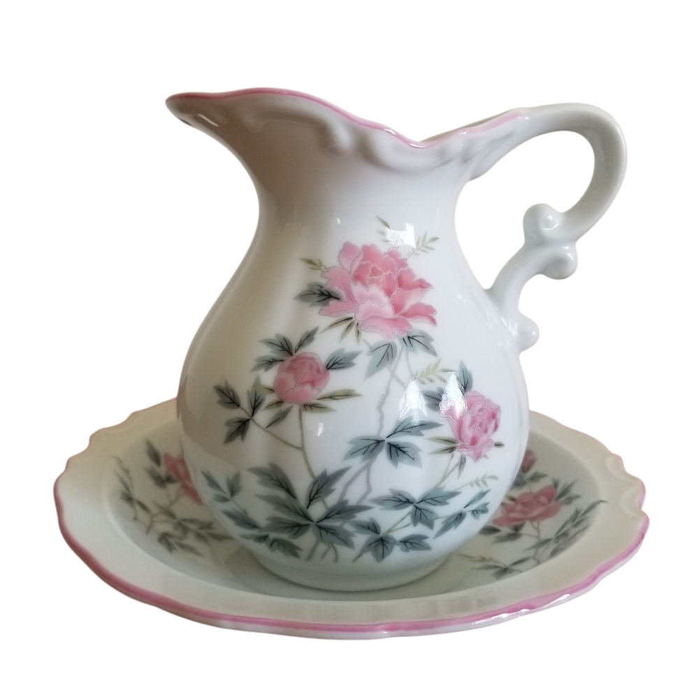 Vintage  St. Michael Pink Floral Pitcher Jug And Bowl Wash Set